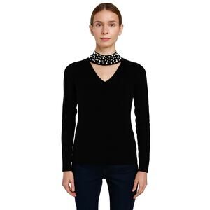 Belle Kim Gravel Faux Pearl Beaded Choker CutOut Sweater Size XXSmall NWOT